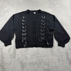 Secret Honey Cardigan Women Size 0 Black Cable Knit Ribbon Heart Button Up Japan